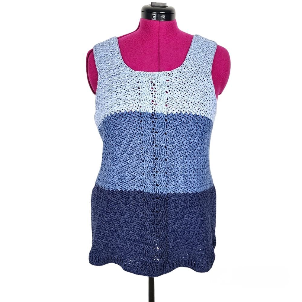 Crochet Tank Top High-low Hem Handmade Handcrafted Blue 3 Tones